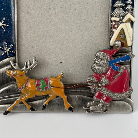 3D Enameled Metal Christmas Photo Frame 3x4.5 Santa Reindeer Snow - Picture 2 of 7